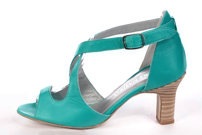 Aquamarine blue women's closed back sandals, with crossed straps. Round toe. High kitten heels. Profile view - Florence KOOIJMAN